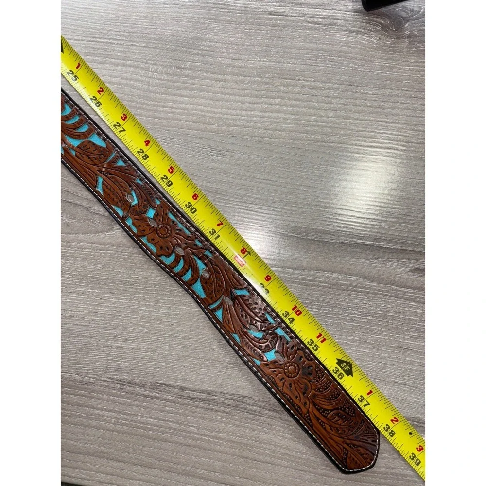 Western Floral Tooled Belt Turquoise Accents Rhinestone Buckle‎ Brown Cowgirl